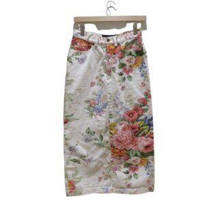 VINTAGE RALPH LAUREN Floral Midi Pencil Skirt in White Denim Preppy Cottagecore